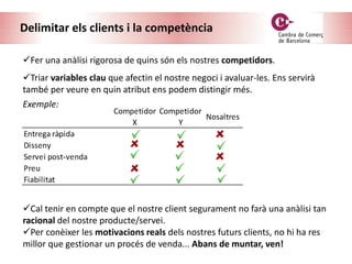 Delimitar els clients i la competència
Fer una anàlisi rigorosa de quins són els nostres competidors.
Triar variables clau que afectin el nostre negoci i avaluar-les. Ens servirà
també per veure en quin atribut ens podem distingir més.
Exemple:
Cal tenir en compte que el nostre client segurament no farà una anàlisi tan
racional del nostre producte/servei.
Per conèixer les motivacions reals dels nostres futurs clients, no hi ha res
millor que gestionar un procés de venda... Abans de muntar, ven!
 