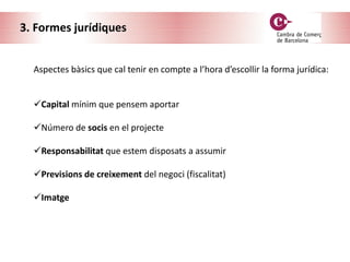 3. Formes jurídiques
Aspectes bàsics que cal tenir en compte a l’hora d’escollir la forma jurídica:
Capital mínim que pensem aportar
Número de socis en el projecte
Responsabilitat que estem disposats a assumir
Previsions de creixement del negoci (fiscalitat)
Imatge
 