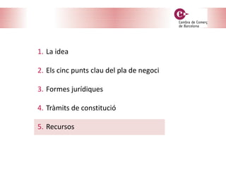 1. La idea
2. Els cinc punts clau del pla de negoci
3. Formes jurídiques
4. Tràmits de constitució
5. Recursos
 