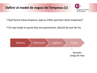 Definir el model de negoci de l’empresa (1)
Disseny Fabricació Logística Venda
Què farà la meva empresa i què es millor que facin altres empreses?
Un cop triada en quina fase ens posicionem, decisió de com fer-ho
Exemple:
botiga de roba
 