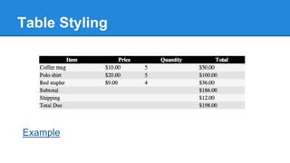 Table Styling

Example

 
