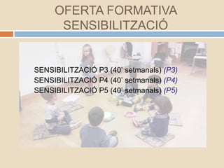 OFERTA FORMATIVA
SENSIBILITZACIÓ
SENSIBILITZACIÓ P3 (40’ setmanals) (P3)
SENSIBILITZACIÓ P4 (40’ setmanals) (P4)
SENSIBILITZACIÓ P5 (40’ setmanals) (P5)
 