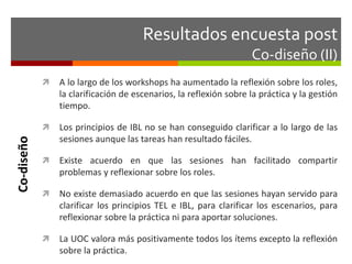 Resultados encuesta post 
Co-diseño (II) 
 A lo largo de los workshops ha aumentado la reflexión sobre los roles, 
la clarificación de escenarios, la reflexión sobre la práctica y la gestión 
tiempo. 
 Los principios de IBL no se han conseguido clarificar a lo largo de las 
sesiones aunque las tareas han resultado fáciles. 
 Existe acuerdo en que las sesiones han facilitado compartir 
problemas y reflexionar sobre los roles. 
 No existe demasiado acuerdo en que las sesiones hayan servido para 
clarificar los principios TEL e IBL, para clarificar los escenarios, para 
reflexionar sobre la práctica ni para aportar soluciones. 
 La UOC valora más positivamente todos los ítems excepto la reflexión 
sobre la práctica. 
Co-diseño 
 