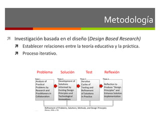 Metodología 
 Investigación basada en el diseño (Design Based Research) 
 Establecer relaciones entre la teoría educativa y la práctica. 
 Proceso iterativo. 
Problema Solución Test Reflexión 
 