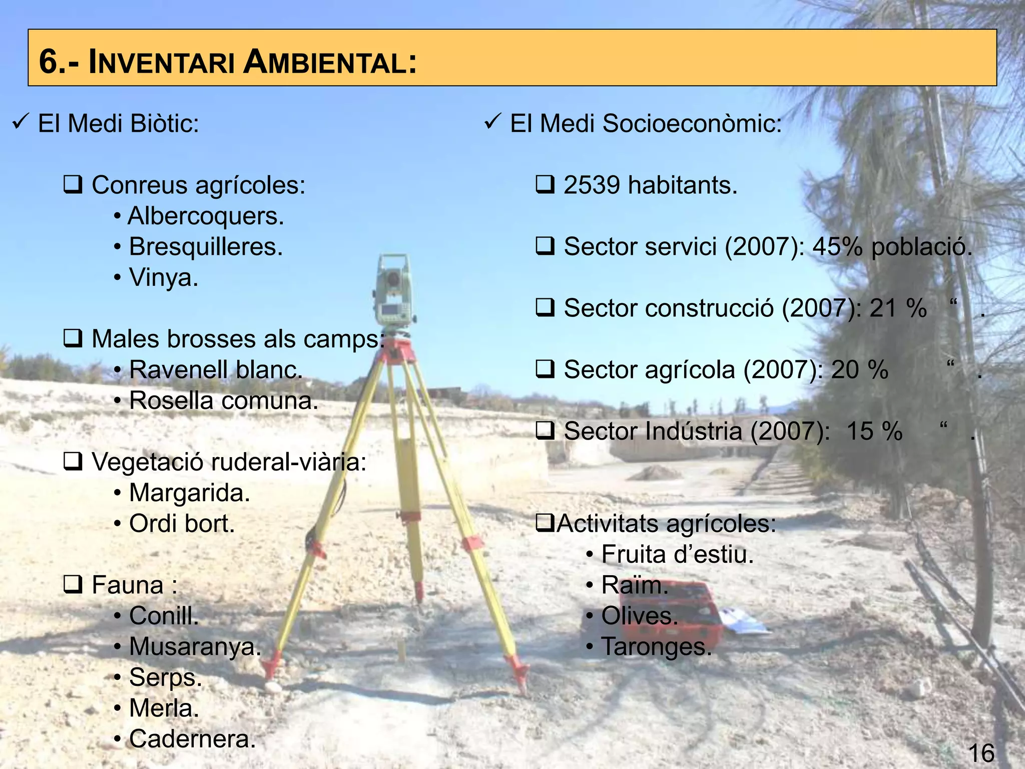 6.- INVENTARI AMBIENTAL:
 El Medi Biòtic:
 Conreus agrícoles:
• Albercoquers.
• Bresquilleres.
• Vinya.
 Males brosses als camps:
• Ravenell blanc.
• Rosella comuna.
 Vegetació ruderal-viària:
• Margarida.
• Ordi bort.
 Fauna :
• Conill.
• Musaranya.
• Serps.
• Merla.
• Cadernera.
 El Medi Socioeconòmic:
 2539 habitants.
 Sector servici (2007): 45% població.
 Sector construcció (2007): 21 % “ .
 Sector agrícola (2007): 20 % “ .
 Sector Indústria (2007): 15 % “ .
Activitats agrícoles:
• Fruita d’estiu.
• Raïm.
• Olives.
• Taronges.
16
 