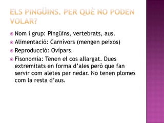  Nom  i grup: Pingüins, vertebrats, aus.
 Alimentació: Carnívors (mengen peixos)
 Reproducció: Ovípars.
 Fisonomia: Tenen el cos allargat. Dues
  extremitats en forma d’ales però que fan
  servir com aletes per nedar. No tenen plomes
  com la resta d’aus.
 
