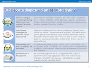 www.delconsultors.com

Juanjo Pérez Amador

Què aporta disposar d’un Pla Estratègic?
Defineix un seguit
d’accions a curt, mig
i llarg termini què
orienten l’actuació
pública.

Disposar d’una estratègia compartida pel sector públic i privat crea
grans sinèrgies en l’acció pública. Optimitza i organitza els recursos
de l’administració, contribuint a evitar duplicitats i contradiccions que
suposen pèrdues d’eficiència i eficàcia.

Consolida els
lideratges i les
relacions amb el
sector privat.

Realitzar un pla estratègic suposa reforçar el rol de lideratge en un
territori per part de l’administració que el promou, però a més a més
permet generar i consolidar un seguit de bones pràctiques dins la
pròpia administració en les seves relacions amb el sector privat, les
quals són un excepcional punt de partida alhora de tirar endavant
accions futures.

Genera seguretat
entre la societat i les
empreses.

Un pla estratègic ajuda al sector privat a entendre els desitjos i les
orientacions de l’acció pública a mig i llarg termini, de manera que les
empreses poden dissenyar les estratègies de creixement futures amb
total seguretat.

Facilita l’accés al
finançament.

Els principals programes del SOC (programes AODL, suport al
desenvolupament local o projectes innovadors, entre d’altres)
prioritzen, i fins i tot limiten els ajuts i subvencions a ens que
disposen d’un pla estratègic definit.

Programa de suport i acompanyament a la Planificació Estratègica 2103

5

 