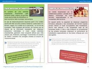 www.delconsultors.com

Juanjo Pérez Amador

El turisme és una activitat
empresarial
fonamental
pels
territoris rurals i urbans, ja que obre
noves oportunitats de diversificar el
teixit econòmic dels municipis i els territoris.

Un àmbit fonamental en la
col·laboració pública i privada és el
disseny
d’activitats
de caire
formatiu especialitzades a les
necessitats dels territoris.

Un pla de desenvolupament requereix partir d’un anàlisi
aprofundit dels recursos turístics existents i potencials d’un
territori, seguit d’un anàlisi de la demanda, i el rol de les
empreses i dels ciutadans del territori, de manera que es
disposi de la informació necessària per dissenyar
actuacions orientades a crear noves activitats
empresarials, generant nova ocupació alhora que més
atractiu per, finalment, aconseguir incrementar el número
de visites i transferir les sinergies creades al conjunt de
l’economia local.

En aquest sentit, la capacitat de dissenyar programes
formatius adequats a les necessitats del territori suposa
també millorar el nivell d’ocupabilitat dels treballadors,
fent-lo més adequat a les necessitats reals de les
empreses locals, a més a més d’afavorir la competitivitat
de les pròpies empreses mitjançant la contractació de
treballadors especialitzats en les àrees crítiques per a la
seva gestió.

Àmbits territorials formats per diversos municipis i més de
10.000 habitants amb voluntat de potenciar el turisme,
crear sinèrgies amb el teixit de serveis local i generar
ocupació a través de la valorització dels visitants.

Programa de suport i acompanyament a la Planificació Estratègica 2103

Institucions amb impacte supramunicipal de més de
10.000 habitants què realitzen activitats de caire formatiu
de forma habitual, adreçades al conjunt de la població i que
desitgin optimitzar-les al seu teixit productiu.

8

 