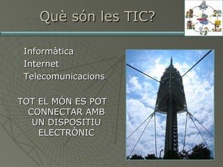 Què són les TIC?




Informàtica
Internet
Telecomunicacions
TOT EL MÓN ES POT
CONNECTAR AMB
UN DISPOSITIU
ELECTRÒNIC

 