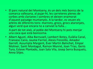 El parc natural del Montseny, és un dels més bonics de la comarca vallesana, al pujar-hi, les carreteres plenes de corbes amb clarianes i sombres et deixen enamorat d’aquest paisatge muntanyós. A la tardor, es veuen els arbres de diferents tons: marrons, grocs, grocs ataronjats, algun verd que encara no a canviat la fulla... A part de tot això, al poble del Montseny hi pots menjar una coca que està boníssima. Albert Agustí, Alba Barnusell, Lambert Botey, Eulàlia Canal, Fransesc Cano, Jaume Farriol, Alexis Fresnillo, Amador Garrell, Assumpta Margent, Ever Martin Balnchet, Empar Moliner, Santi Montagut, Ramon Munné, Joan Trias, Genís Tura, Esteve Plantado, Joan Sala Vila, Josep Serra Busquets, Anna Sitjes. 