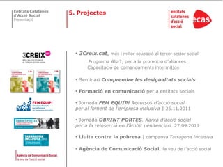 Entitats Catalanes
d’Acció Social
                     5. Projectes
Presentació




                       • 3Creix.cat,   més i millor ocupació al tercer sector social
                            Programa Alia’t, per a la promoció d’aliances
                            Capacitació de comandaments intermitjos

                       • Seminari Comprendre les desigualtats socials

                       • Formació en comunicació per a entitats socials

                       • Jornada FEM EQUIP! Recursos d’acció social
                       per al foment de l’empresa inclusiva | 25.11.2011

                       • Jornada OBRINT PORTES. Xarxa d’acció social
                       per a la reinserció en l’àmbit penitenciari 27.09.2011

                       • Lluita contra la pobresa | campanya Tarragona Inclusiva

                       • Agència de Comunicació Social, la veu de l’acció social
 