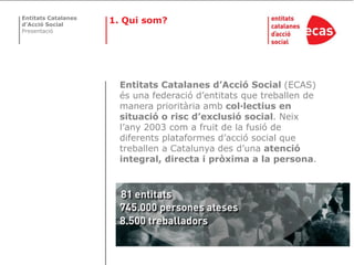Entitats Catalanes
d’Acció Social
                     1. Qui som?
Presentació




                       Entitats Catalanes d’Acció Social (ECAS)
                       és una federació d’entitats que treballen de
                       manera prioritària amb col·lectius en
                       situació o risc d’exclusió social. Neix
                       l’any 2003 com a fruit de la fusió de
                       diferents plataformes d’acció social que
                       treballen a Catalunya des d’una atenció
                       integral, directa i pròxima a la persona.
 