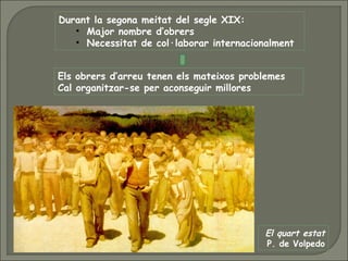 Els obrers d’arreu tenen els mateixos problemes
Cal organitzar-se per aconseguir millores
Durant la segona meitat del segle XIX:
• Major nombre d’obrers
• Necessitat de col·laborar internacionalment
El quart estat
P. de Volpedo
 
