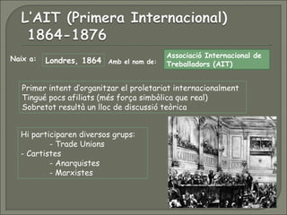 Londres, 1864
Associació Internacional de
Treballadors (AIT)
Naix a: Amb el nom de:
Primer intent d’organitzar el proletariat internacionalment
Tingué pocs afiliats (més força simbòlica que real)
Sobretot resultà un lloc de discussió teòrica
Hi participaren diversos grups:
- Trade Unions
- Cartistes
- Anarquistes
- Marxistes
 