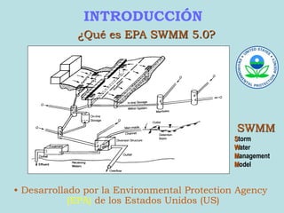 INTRODUCCIÓN
• Desarrollado por la Environmental Protection Agency
(EPA) de los Estados Unidos (US)
¿Qué es EPA SWMM 5.0?
SWMM
Storm
Water
Management
Model
 