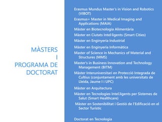 Erasmus Mundus Master’s in Vision and Robotics
(VIBOT)
Erasmus+ Master in Medical Imaging and
Applications (MAIA)
Màster en Biotecnologia Alimentària
Màster en Ciutats Intel·ligents (Smart Cities)
Màster en Enginyeria Industrial
Màster en Enginyeria Informàtica
Master of Science in Mechanics of Material and
Structures (MMS)
Master's in Business Innovation and Technology
Management (BITM)
Màster Interuniversitari en Protecció Integrada de
Cultius (conjuntament amb les universitats de
Lleida, Jaume I i UPC)
Màster en Arquitectura
Màster en Tecnologies Intel.ligents per Sistemes de
Salut (Smart Healthcare)
Màster en Sostenibilitat i Gestió de l'Edificació en el
Sector Turístic
Doctorat en Tecnologia
MÀSTERS
I
PROGRAMA DE
DOCTORAT
 
