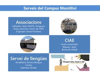 Serveis del Campus Montilivi
Associacions
UdGeeks, Aedi, IAESTE, Xoriguers,
Antics alumnes i amics de l’EPS,
Enginyers sense fronteres
CIAE
Accés universitari
Beques i ajuts
Borsa de treball
Servei de llengües
Acreditació tercera llengua
Cursos
Exàmens oficials
 