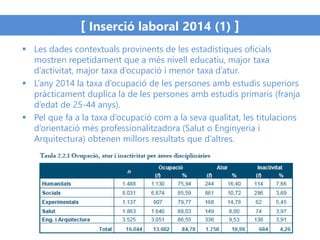 [ Inserció laboral 2014 (1) ]
 Les dades contextuals provinents de les estadístiques oficials
mostren repetidament que a més nivell educatiu, major taxa
d’activitat, major taxa d’ocupació i menor taxa d’atur.
 L’any 2014 la taxa d’ocupació de les persones amb estudis superiors
pràcticament duplica la de les persones amb estudis primaris (franja
d’edat de 25-44 anys).
 Pel que fa a la taxa d’ocupació com a la seva qualitat, les titulacions
d’orientació més professionalitzadora (Salut o Enginyeria i
Arquitectura) obtenen millors resultats que d’altres.
 