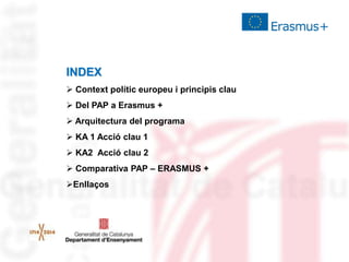 INDEX
 Context polític europeu i principis clau
 Del PAP a Erasmus +
 Arquitectura del programa
 KA 1 Acció clau 1
 K...