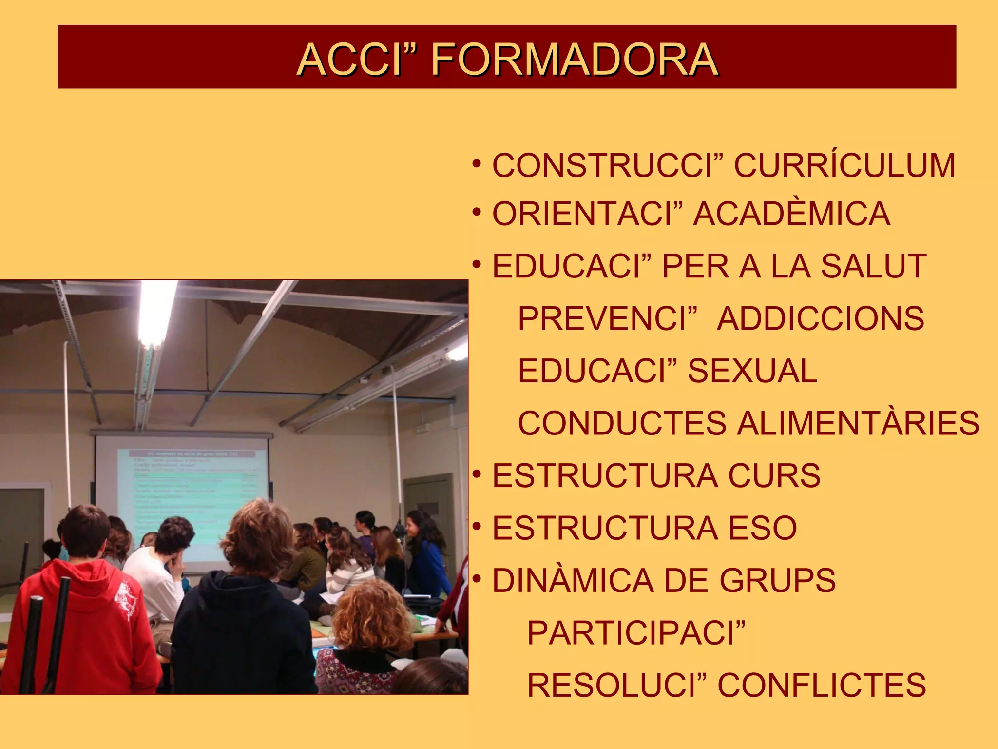 CONSTRUCCIÓ CURRÍCULUM ORIENTACIÓ ACADÈMICA EDUCACIÓ PER A LA SALUT PREVENCIÓ  ADDICCIONS EDUCACIÓ SEXUAL CONDUCTES ALIMENTÀRIES ESTRUCTURA CURS ESTRUCTURA ESO DINÀMICA DE GRUPS PARTICIPACIÓ RESOLUCIÓ CONFLICTES ACCIÓ FORMADORA 