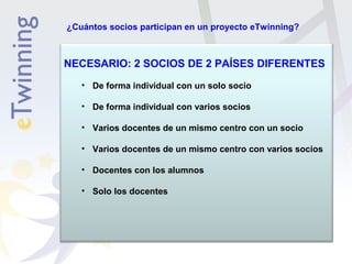 ¿Cuántos socios participan en un proyecto eTwinning? 
NECESARIO: 2 SOCIOS DE 2 PAÍSES DIFERENTES 
• De forma individual con un solo socio 
• De forma individual con varios socios 
• Varios docentes de un mismo centro con un socio 
• Varios docentes de un mismo centro con varios socios 
• Docentes con los alumnos 
• Solo los docentes 
 