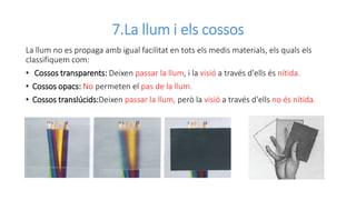 7.La llum i els cossos
La llum no es propaga amb igual facilitat en tots els medis materials, els quals els
classifiquem com:
• Cossos transparents: Deixen passar la llum, i la visió a través d'ells és nítida.
• Cossos opacs: No permeten el pas de la llum.
• Cossos translúcids:Deixen passar la llum, però la visió a través d'ells no és nítida.
 