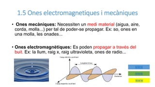 1.5 Ones electromagnetiques i mecàniques
• Ones mecàniques: Necessiten un medi material (aigua, aire,
corda, molla...) per tal de poder-se propagar. Ex: so, ones en
una molla, les onades...
• Ones electromagnètiques: Es poden propagar a través del
buit. Ex: la llum, raig x, raig ultravioleta, ones de radio...
WWW
WWW
WWW
 