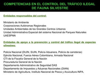 COMPETENCIAS EN EL CONTROL DEL TRÁFICO ILEGAL
             DE FAUNA SILVESTRE

Entidades responsables del control:

Ministerio de Ambiente
Corporaciones Autónomas Regionales
Unidades Ambientales de los Grandes Centros Urbanos
Unidad Administrativa Especial del sistema Nacional de Parques Naturales
UAESPNN

Entidades de apoyo a la prevención y control del tráfico ilegal de especies
silvestres:

Policía Nacional (DIJIN, SIJIN, Policía Aduanera, Policía de carreteras)
Ejército Nacional, Fuerza Aérea Colombiana, Armada Nacional
CTI de la Fiscalía General de la Nación
Procuraduría General de la Nación
Departamento Administrativo de Seguridad DAS
Departamento de Impuestos y Aduanas Nacionales (DIAN)
Ministerio de Agricultura, Instituto Nacional de Pesca y Acuicultura INPA.
 