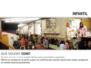 TASCA EDUCATIVA A INFANTIL




QUÈ VOLEM? COM?
Atendre els nens i nenes a partir de les seves necessitats i capacitats.
Oferint un context on se sentin a gust i en confiança per avançar davant dels reptes, proposant
un ventall ampli de possibilitats.
 