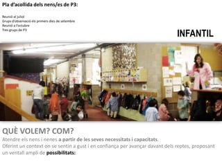 Pla d’acollida dels nens/es de P3:

Reunió al juliol
Grups d’observació els primers dies de setembre
Reunió a l’octubre

                                                  TASCA EDUCATIVA A INFANTIL
Tres grups de P3




QUÈ VOLEM? COM?
Atendre els nens i nenes a partir de les seves necessitats i capacitats.
Oferint un context on se sentin a gust i en confiança per avançar davant dels reptes, proposant
un ventall ampli de possibilitats:
 