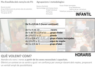 Pla d’acollida dels nens/es de P3:                Agrupacions i metodologies:
                                                  Racons d’activitat                  Grups d’edats barrejades:
Reunió al juliol                                                                                     Grup Mandarines
                                                  Aprenentatge amb el grup classe:
Grups d’observació els primers dies de setembre                                                       Padrins de joc i de lectura
                                                                 Treball individual
Reunió a l’octubre                                                                    Treball per projectes. Recerca i experimentació
                                                                 Petit grup

                                                      TASCA EDUCATIVA A INFANTIL
Tres grups de P3
                                                                 Gran grup




                                     De 9 a 2/4 de 5 (horari continuat)

                                     de 9 a ¾ de 10 ..................racons
                                     de ¾ de 10 a 2/4 d’11 ......grups d’edat
                                     de 2/4 d’11 a 11 ..............pineda
                                     d’11 a 2/4 d’1 ..................grups d’edats barrejades
                                     de 2/4 d’1 a 3 .................espai de migdia
                                     de 3 a 2/4 de 5 ................grups d’edat




QUÈ VOLEM? COM?                                      TASCA EDUCATIVA A HORARIS
Atendre els nens i nenes a partir de les seves necessitats i capacitats.
Oferint un context on se sentin a gust i en confiança per avançar davant dels reptes, proposant
un ventall ampli de possibilitats:
 
