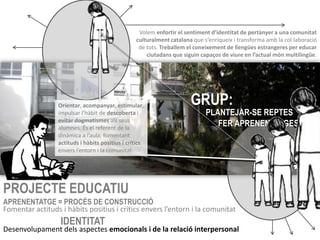 Volem enfortir el sentiment d’identitat de pertànyer a una comunitat
                                                 culturalment catalana que s’enriqueix i transforma amb la col·laboració
                                                  de tots. Treballem el coneixement de llengües estrangeres per educar
                                                     ciutadans que siguin capaços de viure en l’actual món multilingüe.




                 Orientar, acompanyar, estimular,                     GRUP:
                 impulsar l’hàbit de descoberta i                           PLANTEJAR-SE REPTES
                 evitar dogmatismes als seus
                 alumnes. És el referent de la
                                                                               FER APRENENTATGES
                 dinàmica a l’aula, fomentant
                 actituds i hàbits positius i crítics
                 envers l’entorn i la comunitat.




PROJECTE EDUCATIU
APRENENTATGE = PROCÉS DE CONSTRUCCIÓ
Fomentar actituds i hàbits positius i crítics envers l’entorn i la comunitat
                  IDENTITAT
Desenvolupament dels aspectes emocionals i de la relació interpersonal
 