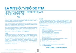 LA MISSIÓ / VISIÓ DE FITA
Presentació projecte FITA INTERNATIONAL
FITA “FROM INNOVATION TO ACTION. ALL RIGHTS RESERVED. TM, ® & COPYRIGHT © 2013
*FITA WIT: punt fractal d’enginy, talent, intel·ligència i saviesa
**FITA BOOK: fonaments internacionals de transferència de coneixement
i acció transformadora
UN META-MODEL PER PENSAR
NOUS MODELS:
1. La creació i foment d’iniciatives que responguin a l’ideari d'un model
econòmic basat en les persones i per a les persones, i fonamentat en el
coneixement, la intel·ligència i el talent.
2. La introducció de la responsabilitat individual i social com a factor de
producció i per resoldre les necessitats de mercat degudament ponde-
rades i d'alt valor afegit, singular i universal.
3. La radical transformació de la cohesió social -ﬁns ara fonamentada en
l’Estat del “BenEstar” assistencialista- per complementar-la amb una
Societat del “BenSer” generadora de progrés econòmic i social que
desenvolupi en essència el SER, tot sent SOLIDARIS.
VISIÓ:
“UNIVERSALITZAR (FITA’S) LA CULTURA I EL CONEIXEMENT CREANT
PROJECTES D’ALT IMPACTE PEL BÉ COMUNITARI AMB ECOSISTE-
MES INNOVADORS, DESENVOLUPATS MITJANÇANT UNA “CISTELLA”
DE CONTINGUTS O “CONCEPT MARKET” (FITA BOOK*) TOT ACOM-
PANYANT LA PERSONA CREATIVA A CONSTRUÏR NEXES D’UNIÓ
ENTRE EL CONEIXEMENT TÀCIT (videncial) PER UNA BANDA I EL
PROFESSIONAL (assistencial), ACADÈMIC (docent) i CIENTÍFIC
(recerca) PER UNA ALTRA”.
MISSIÓ:
“CONSTRUCCIÓ D’ESPAIS FÍSICS (FITA’S) DISTRIBUÏTS ARREU DEL
TERRITORI EN XARXA NODAL, GENERADORS DE PROGRÉS SOCIAL I
ECONÒMIC TOT SEGUINT MODELS FRACTALS ORGANITZATIUS DE
CONEIXEMENT TRANSGENERACIONALS, TRANSDISCIPLINARIS I
TRANSCULTURALS”.
3
POSAR ÀNIMA A LA GLOBALITZACIÓ
1
2
3
4
5
6
7
8
9
10
11
12
13
14
15
QUÈ VOLEM?
Aportar a la societat...
noves maneres de pensar models necessaris,
innovadors i transformadors,
en els camps de la cultura i la formació,
la salut, l’aprenentatge, i la sostenibilitat,
amb les tecnologies i les xarxes,
que integrin allò social i econòmic,
amb el factor humà,
fent-ho sense barreres d’intermediació directa en la gestió,
innovant i promovent iniciatives singulars,
obertes al món,
preocupats i ocupats en els reptes,
complexes i diversos,
transgeneracionals, transdisciplinars, transculturals,
d’un món globalitzat.
 
