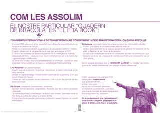 EL NOSTRE PARTICULAR “QUADERN
DE BITÀCOLA” ÉS “EL FITA BOOK”:
COM LES ASSOLIM
. El model PGS (persona, grup, sistema) que indueix la direcció bottom-up
inicial en la ideació de l'acció.
. Pensar no Convencionalment: la generació de pensament sistèmic i holístic.
. El factor diferencial: la singularitat de la part per aconseguir el TOT.
. El clima o ecosistema pel desenvolupament de la intel·ligència múltiple.
. La preparació física i psíquica (cos, ment i consciència) per a la creativitat
i l’aprenentatge col·laboratiu.
. Els itineraris o rutes d’acompanyament fetes a mida per cadascún dels
projectes i fonamentats en la mateixa metodologia PGS esmentada.
Les Persones, tot connectant-les:
. Creiem que cal potenciar, incentivar i reconèixer el talent individual, el de
cada persona.
. Creiem en l’aprenentatge i l’entrenament continuat de la persona, com una
funció inherent a l’acció.
. Creiem en les voluntats de les persones, com a punt de partida de les
seves activitats.
Els Grups, compartint coneixement i projectes:
. Aportant formes efectives, adaptables i ﬂexibles, per dur a terme propòsits
i voluntats.
. La teoria i la pràctica, l’estratègia i la tàctica van unides i permeten mirar el
més lluny possible per saber què faràs demà.
. El que importa és que les persones s’organitzin sense imposar un model
preestablert.
El Sistema, co-creant valors ètics que vertebrin les comunitats naturals:
. Creiem que l’Ètica té un indiscutible valor de mercat.
. Un bon funcionament de la justícia social ha de garantir el respecte per la
vida, la llibertat, el ser i tenir de la persona.
. La cerca de models per excel·lir en conductes socials i econòmiques, que
fomentin el clima de cooperació i col·laboració tot sent competents per al
món global.
De tot aquests procesos neix el “CONCEPT MARKET” o “cistella” de contin-
guts on la “patent intel·lectual” ens atorga el factor diferencial.
Colón va emprendre una gran FITA
assenyalant nous camins
que aplanant el món
el feien més gran.
Ho va fer co-nnectant persones,
co-mpartint coneixement i co-creant
una marca mundial de desenvolupament.
Ens preguntem: fou suﬁcient?.
De la co-lonització a la “globalització”,
amb focus a l’objecte, proposem ara
posar-li ànima, amb focus al subjecte.
Presentació projecte FITA INTERNATIONAL
FITA “FROM INNOVATION TO ACTION. ALL RIGHTS RESERVED. TM, ® & COPYRIGHT © 2013
4
FONAMENTS INTERNACIONALS DE TRANSFERÈNCIA DE CONEIXEMENT I ACCIÓ TRANSFORMADORA, ON QUEDA RECOLLIT:
 