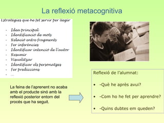 La reflexió metacognitiva




                                  Reflexió de l’alumnat:

                                  • -Què he après avui?
La feina de l’aprenent no acaba
amb el producte sinó amb la
reflexió posterior entorn del     • -Com ho he fet per aprendre?
procés que ha seguit.
                                  • -Quins dubtes em queden?
 