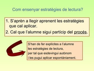 Com ensenyar estratègies de lectura?

1. S’aprèn a llegir aprenent les estratègies
  que cal aplicar.
2. Cal que l’alumne sigui partícip del procés.

            S’han de fer explícites a l’alumne
            les estratègies de lectura,
            per tal que esdevingui autònom
            i les pugui aplicar espontàniament.
 