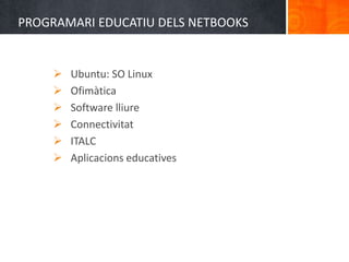 PROGRAMARI EDUCATIU DELS NETBOOKS


        Ubuntu: SO Linux
        Ofimàtica
        Software lliure
        Connectivitat
        ITALC
        Aplicacions educatives
 