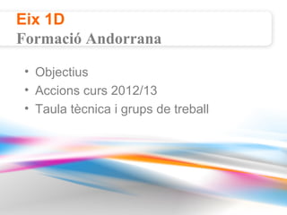 Eix 1D
Formació Andorrana

 • Objectius
 • Accions curs 2012/13
 • Taula tècnica i grups de treball
 