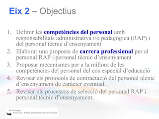 Eix 2 – Objectius

1. Definir les competències del personal amb
   responsabilitats administrativa i/o pedagògica (RAP) i
   del personal tècnic d’ensenyament
2. Elaborar una proposta de carrera professional per al
   personal RAP i personal tècnic d’ensenyament
3. Proposar mecanismes per a la millora de les
   competències del personal del cos especial d’educació
4. Revisar els protocols de contractació del personal tècnic
   d’ensenyament de caràcter eventual.
5. Revisar els processos de selecció del personal RAP i
   personal tècnic d’ensenyament.
 