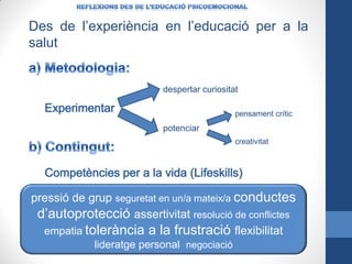 Des de l’experiència en l’educació per a la
salut

despertar curiositat
pensament crític

potenciar
creativitat

pressió de grup seguretat en un/a mateix/a conductes
d’autoprotecció assertivitat resolució de conflictes
empatia tolerància a la frustració flexibilitat
lideratge personal negociació

 