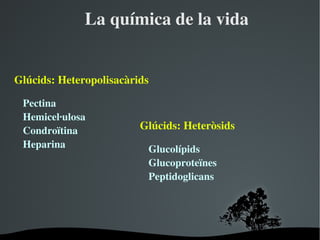 Laquímicadelavida


ұú:Heteropolisacàrids

  Pectina
  Hemicel∙ulosa
  Condroïtina              ұú:Heteròsids
  Heparina                   Glucoí辱
                             Glucoproteïnes
                             Peptidoglicans




                      
 