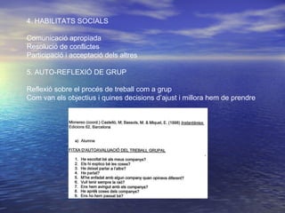 4. HABILITATS SOCIALS Comunicació apropiada Resolució de conflictes Participació i acceptació dels altres 5. AUTO-REFLEXIÓ DE GRUP Reflexió sobre el procés de treball com a grup Com van els objectius i quines decisions d’ajust i millora hem de prendre 