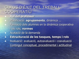 CLAUS D’ÈXIT DEL TREBALL COOPERATIU Rol del professor Planificació:  agrupaments , dinàmica ... Formació dels alumnes en la dinàmica cooperativa i els rols,  normes Acotació de la demanda Estructuració de les tasques, temps i rols Avaluació: avaluació, autoavaluació i coavaluació  Contingut conceptual, procedimental i actitudinal 