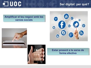 http://blogs
.elpais.com
/.a/6a00d83
41bfb1653e
f01a73d6d7
c2a970d-pi
Amplificar el teu negoci amb les
xarxes socials
Amplificar el teu negoci amb les
xarxes socials
Ser digital: per què?
Estar present a la xarxa de
forma efectiva
Estar present a la xarxa de
forma efectiva
 