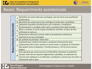 Bases: Requeriments assistencials
Requeriments Assistencials

1
2
3
4
5
6
7

8

Identificar els autors dels seus continguts, així com de la seva qualificació
professional
Garanteix als usuaris que el seu contingut es troba actiu i actualitzat
Adverteix d'aquelles actualitzacions que incideixen o modifiquen
funcionaments o contiguts sobre salut o qualsevol altre dada sensible
Dóna a conèixer al usuari el grau d'evidència científica i el tipus de font
utilitzada en cada cas
Proporciona informació concisa sobre el procediment utilitzat per
seleccionar els seus continguts
Es sustenta en principis i valors ètics
L'aplicació que s'intenta connectar a qualsevol informació de salut
relacionada amb l'usuari, permet al usuari enviar o recuperar la informació
del pacient entre el dispositiu i l'entitat emissora, i fer-ho d'una manera
segura
Una aplicació que conté anuncis ha d'identificar clarament la publicitat i
complir amb tots els requisits reglamentaris aplicables, en particular els
anuncis que impliquen o es refereixen a productes o serveis que són clínics o
relacionats amb la salut

Homologació d’aplicacions mòbils

 