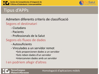 Tipus d’APPs
Admeten diferents criteris de classificació
Segons el destinatari
- Ciutadans
- Pacients
- Professionals de la Salut

Segons els fluxos de dades
- Autosuficients
- Vinculades a un servidor remot
•Sols proporcionen dades a un servidor
•Sols reben dades d’un servidor
•Intercanvien dades amb un servidor

I en podríem afegir d’altres
Homologació d’aplicacions mòbils

 