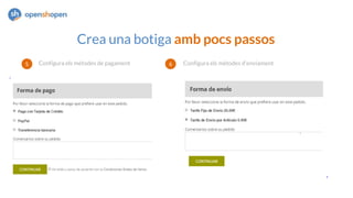 Crea una botiga amb pocs passos
Configura els mètodes de pagament Configura els mètodes d’enviament
 