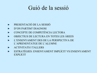 Guió de la sessió

PRESENTACIÓ DE LA SESSIÓ
D’ON PARTIM? DIAGNOSI
CONCEPTE DE COMPETÈNCIA LECTORA
OBJECTIUS DE LECTURA EN TOTES LES ÀREES
L’ENSENYAMENT DES DE LA PERSPECTIVA DE
L’APRENENTATGE DE L’ALUMNE
ACTIVITATS I TALLERS
ESTRATÈGIES: ENSENYAMENT IMPLÍCIT VS ENSENYAMENT
EXPLÍCIT
 