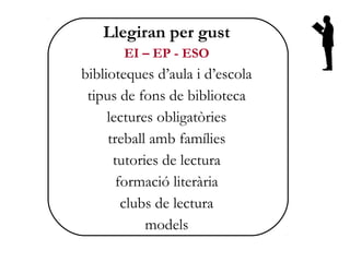 Llegiran per gust
       EI – EP - ESO
biblioteques d’aula i d’escola
 tipus de fons de biblioteca
     lectures obligatòries
     treball amb famílies
      tutories de lectura
       formació literària
        clubs de lectura
            models
 