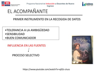Programa Nacional de Inducción a Docentes de Nuevo
Ingreso
EL ACOMPAÑANTE
PRIMER INSTRUMENTO EN LA RECOGIDA DE DATOS
•TOLERANCIA A LA AMBIGÜEDAD
•SENSIBILIDAD
•BUEN COMUNICADOR
INFLUENCIA EN LAS FUENTES
PROCESO SELECTIVO
https://www.youtube.com/watch?v=xj02s-zIuss
 